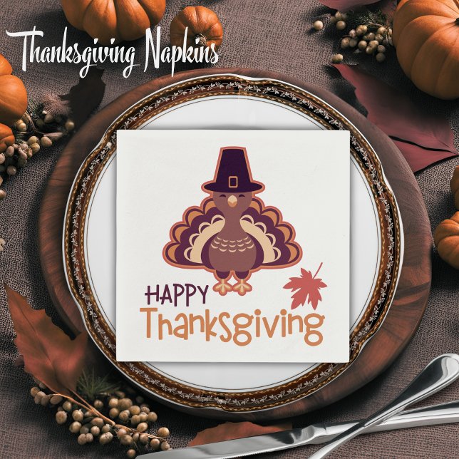 Happy thanksgiving Cute Pilgrim Turkiet Pappersservett (Happy Thanksgiving Cute Pilgrim Turkey Napkins)