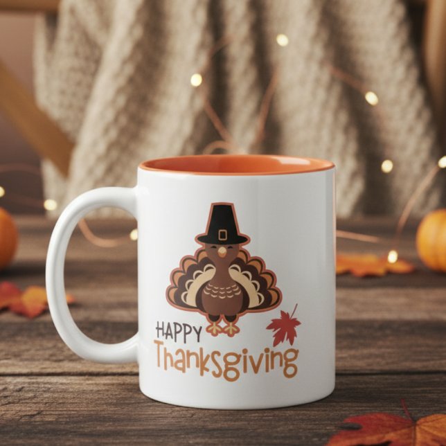 Happy thanksgiving Cute Pilgrim Turkiet Två-Tonad Mugg (Happy Thanksgiving Cute Pilgrim Turkey Two-Tone Coffee Mug)