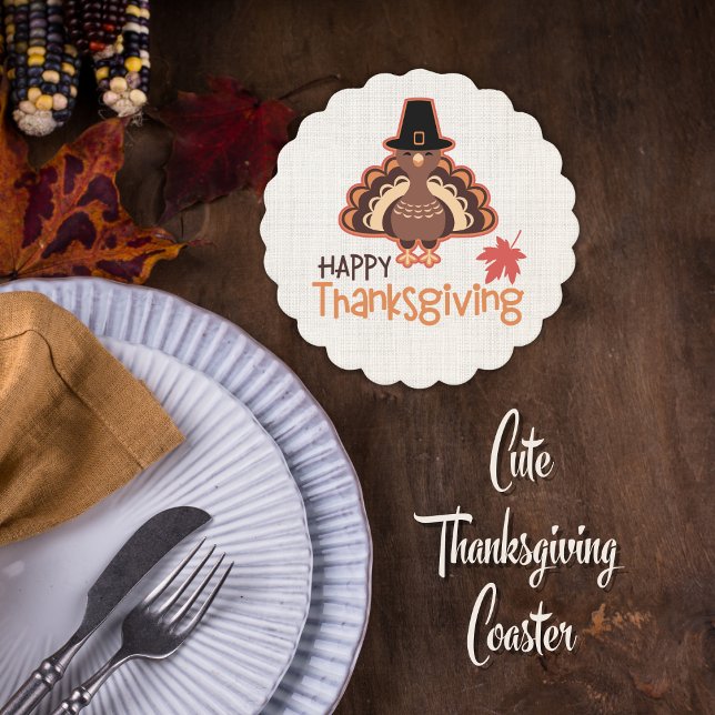 Happy thanksgiving Cute Pilgrim Turkiet Underlägg Papper (Happy Thanksgiving Cute Pilgrim Turkey Paper Coaster)