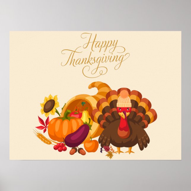 Happy thanksgiving Cute Turkey, Horn of Plenty Poster (Framsidan)