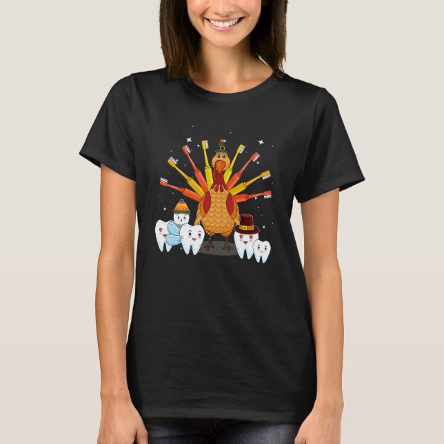 Happy Thanksgiving Cute Turkey Teeth Toothbrush De T Shirt (Framsida)