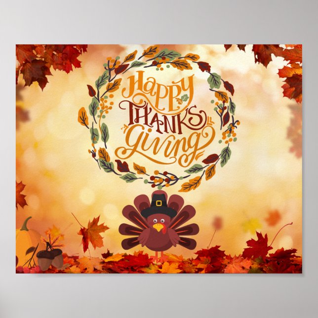 Happy thanksgiving Cute Turkiet och Höst löv Poster (Framsidan)