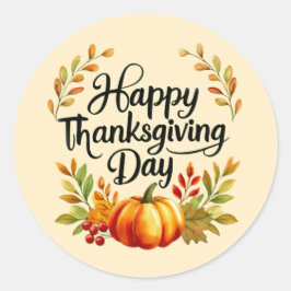 Happy Thanksgiving Day Pumpkin and Leaves Sticker Runt Klistermärke