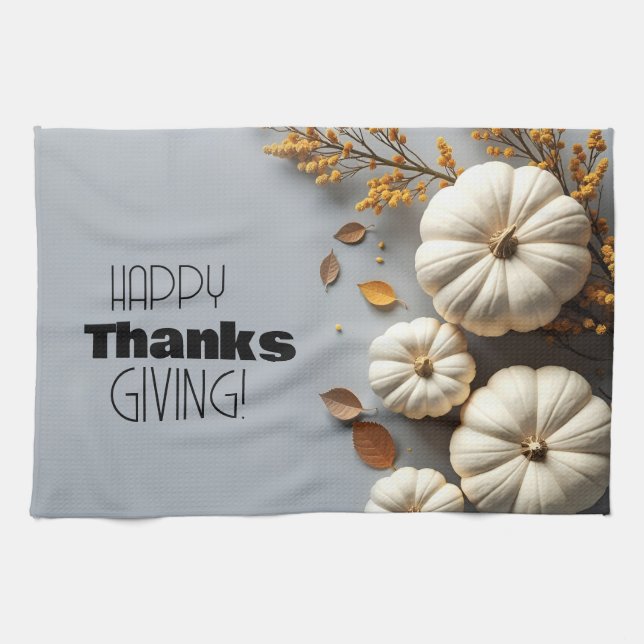 Happy thanksgiving Day White Pumpkins Kökshandduk (Horisontell)