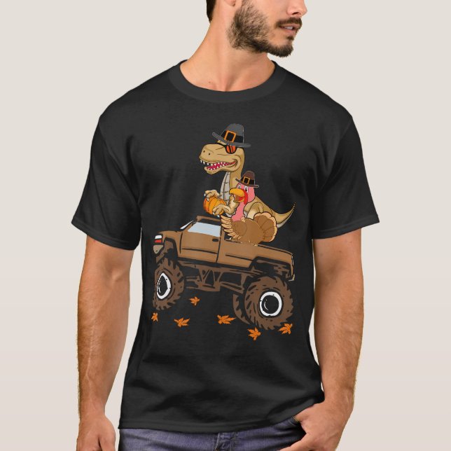 Happy thanksgiving Dinosaur Turkey Riding Lastbil  T Shirt (Framsida)