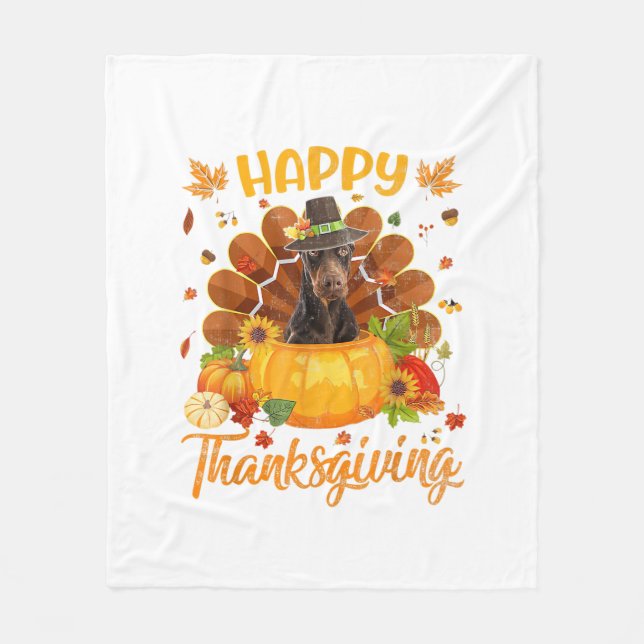 Happy thanksgiving Doberman Hund Turkey Pumpkin Fleecefilt (Framsidan)