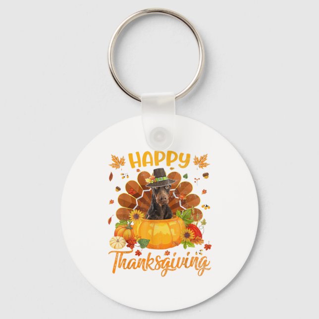 Happy thanksgiving Doberman Hund Turkey Pumpkin Nyckelring (Framsida)