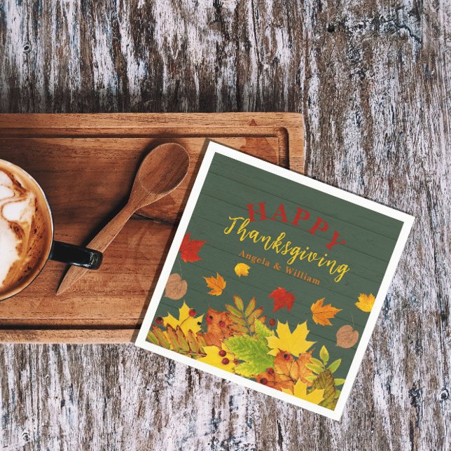 Happy thanksgiving: Fall av färglöst löv på trä Pappersservett (Skapare uppladdad)