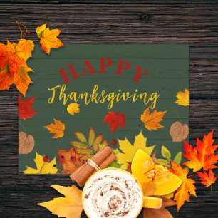 Happy thanksgiving: Fall av färglöst löv på trä Vykort