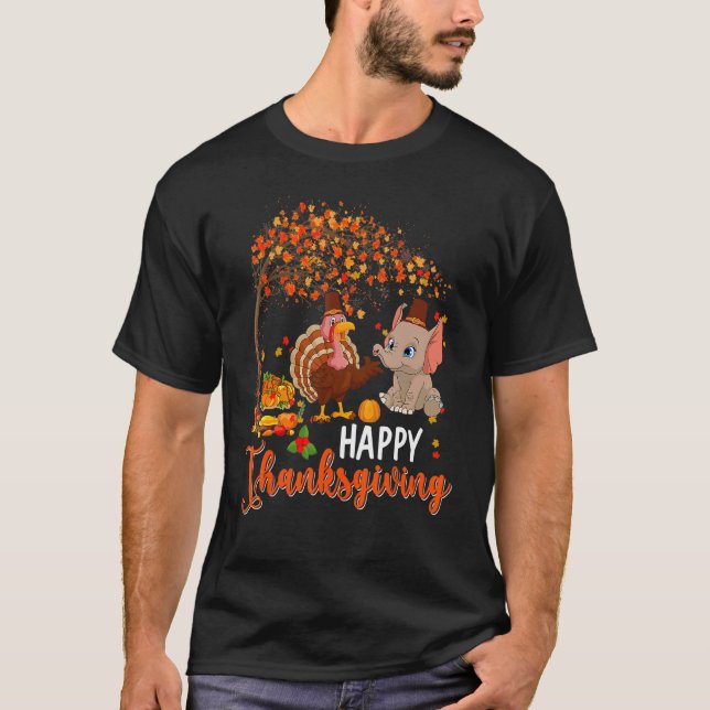 Happy thanksgiving Fall Träd Turkiet och Elephant  T Shirt (Framsida)
