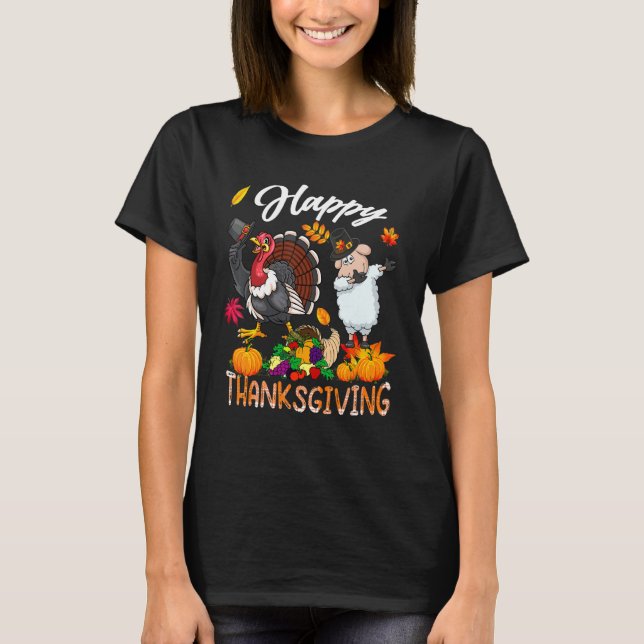 Happy Thanksgiving Fall Turkey Dabbing Sheep Weari T Shirt (Framsida)