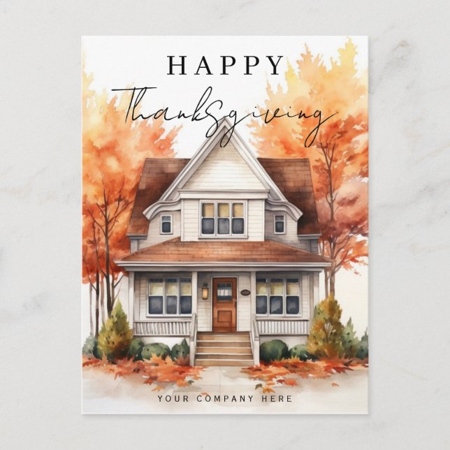Happy thanksgiving Fall Watercolor House Realty Helg Vykort (Framsida)