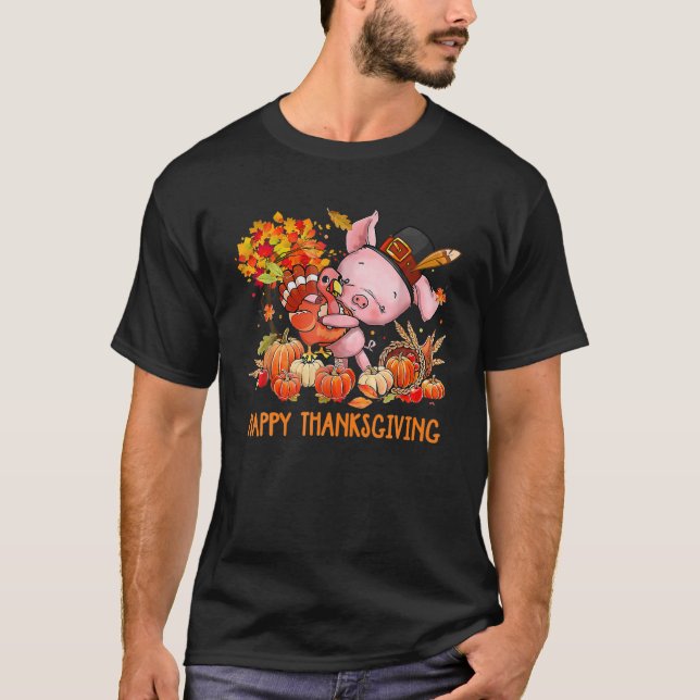 Happy thanksgiving faller Turkiet med Dabbing Gris T Shirt (Framsida)