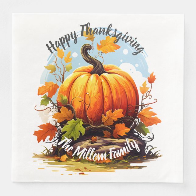 Happy thanksgiving färgad pumpa, redigerbar pappersservett (Framsida)