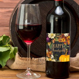 Happy thanksgiving Friendsgiving fall blommigt Vinflaska Etikett