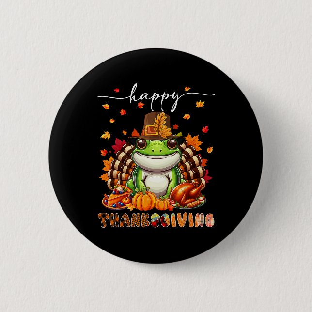 Happy Thanksgiving Frog Costume Turkey Fall Leaves Knapp (Framsida)