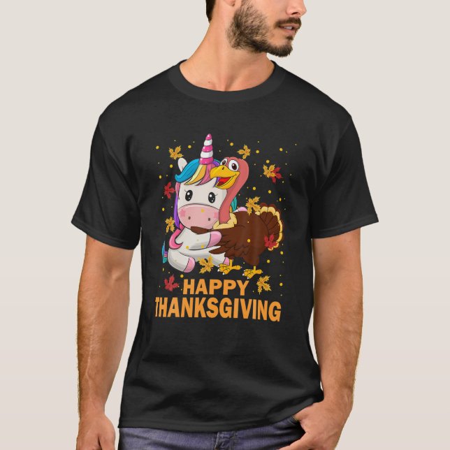 Happy thanksgiving Funny Turkey Hugs Unicorn Älska T Shirt (Framsida)