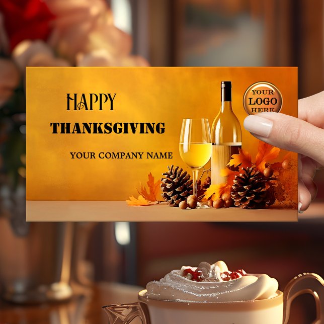 Happy thanksgiving Hösten Visitkort (A seasonal business card featuring wine with pine cones and autumn leaves - Thanksgiving - fall)