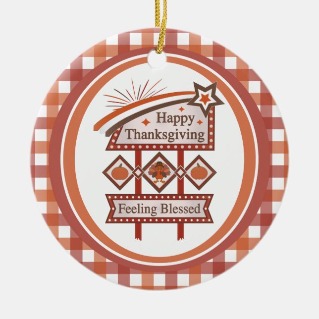 Happy thanksgiving känner sig välsignerat Retro-te Julgransprydnad Keramik (Framsidan)