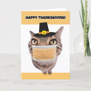 Happy thanksgiving-katt i Coronavirus-Ansikte-mask Helgkort