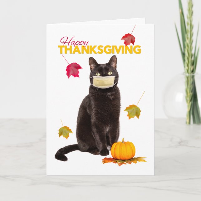 Happy thanksgiving-katt i Coronavirus Ansikte-mask Helgkort (Framsida)