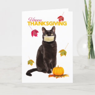 Happy thanksgiving-katt i Coronavirus Ansikte-mask Helgkort