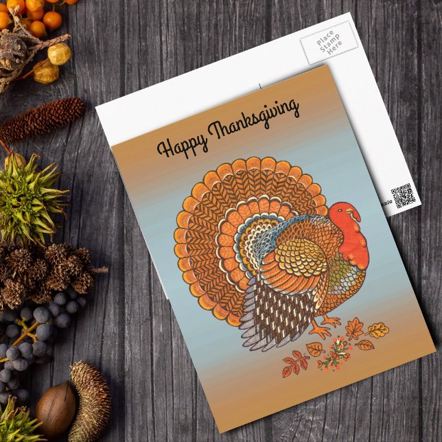  Happy Thanksgiving Male Turkey Fanned Tail Orange Vykort (Male turkey orange browns in Autumn leaves fanned tail orange blue Thanksgiving postcard.)
