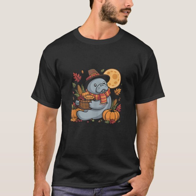 Happy Thanksgiving Manatee with Pumpkin Pie Autumn T Shirt (Framsida)
