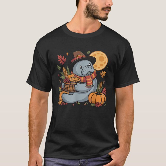 Happy Thanksgiving Manatee with Pumpkin Pie Autumn T Shirt (Framsida)