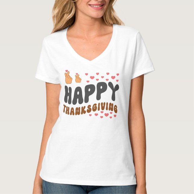 Happy thanksgiving med koreansk Finger Heart T Shirt (Framsida)