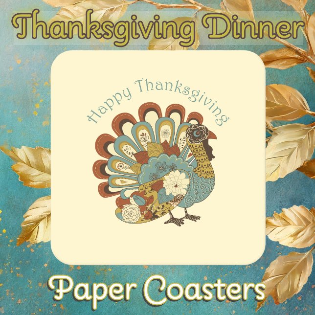 Happy thanksgiving Mute Fall Färgad Turkiet Underlägg Papper Kvadrat (Thanksgiving Dinner Paper Coasters with Muted Fall Colored Turkey)