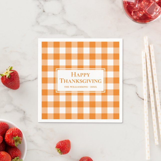 Happy thanksgiving Namn Orange White Gingham Check Pappersservett (Insitu)