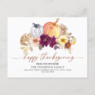 Happy thanksgiving New Home Blommigt Pumpkin Flytt Meddelande Vykort