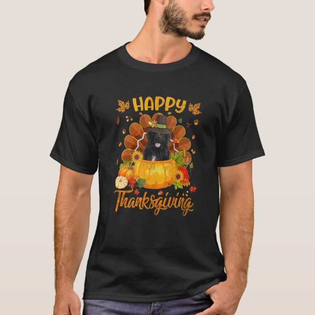 Happy Thanksgiving Newfoundland Dog Turkey Pumpkin T Shirt (Framsida)