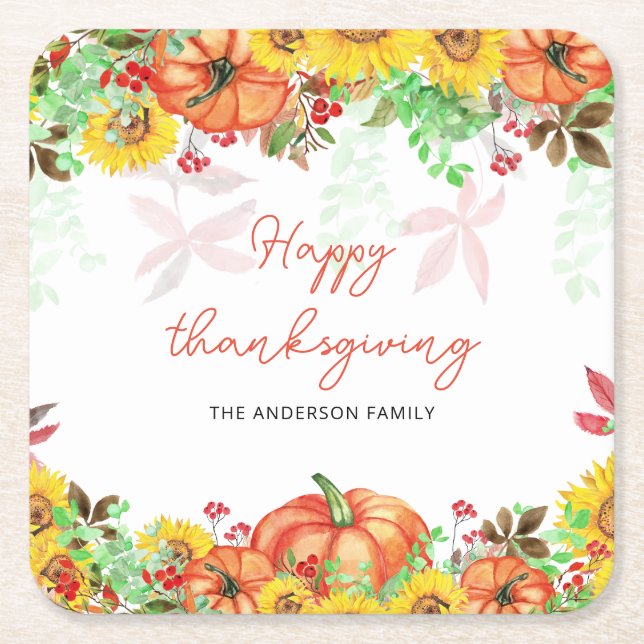 Happy thanksgiving Orange Pumpkins Underlägg Papper Kvadrat (Framsidan)