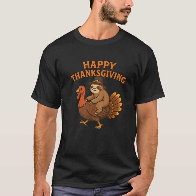 Happy Thanksgiving Pilgrim Sloth on Turkey Premium T Shirt (Framsida)