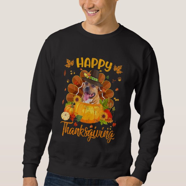 Happy Thanksgiving Pitbull Dog Turkey Pumpkin Lång Ärmad Tröja (Framsida)