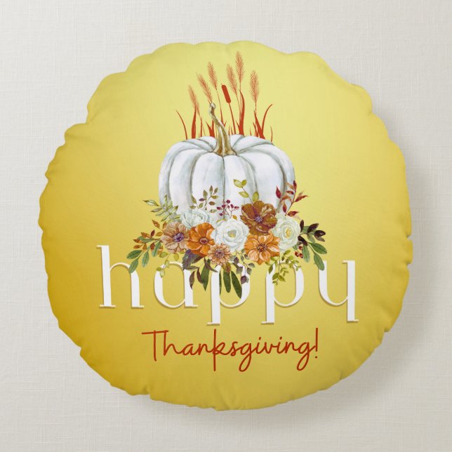 Happy thanksgiving Pumpkin Fall Blommigt Gult Rund Kudde (Framsidan)