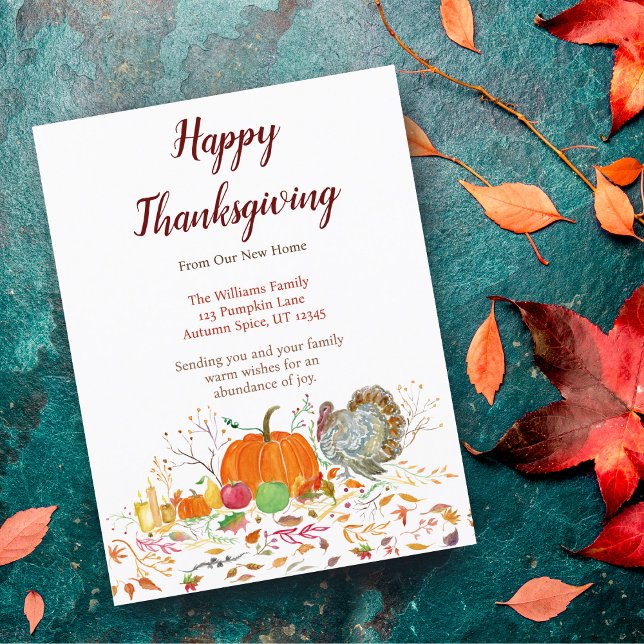 Happy thanksgiving Pumpkin med Flytta från Turkiet Meddelande Vykort (Thanksgiving joy meets your new address in this festive, customizable postcard.)
