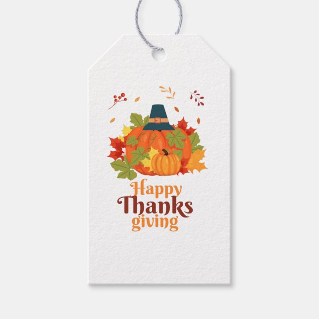 Happy thanksgiving Pumpkin med hattämnen och Löv Presentetikett (Framsidan)