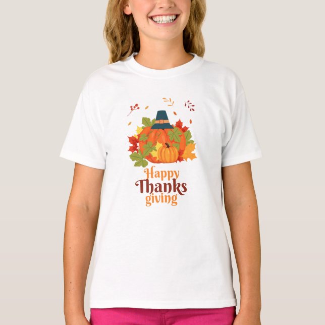 Happy thanksgiving Pumpkin med hattämnen och Löv T Shirt (Framsida)
