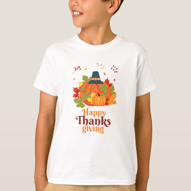 Happy thanksgiving Pumpkin med hattämnen och Löv T Shirt (Framsida)