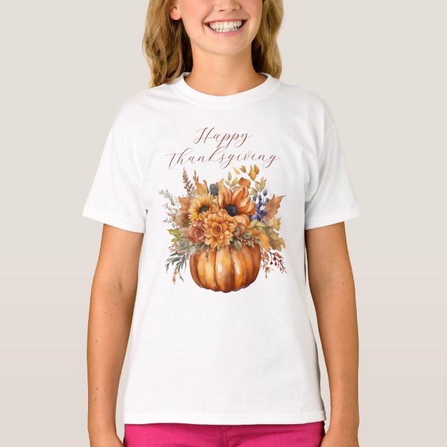 Happy thanksgiving-Pumpkin och Flowers- T Shirt (Framsida)