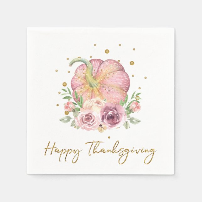 Happy thanksgiving Pumpkin Rosa Guld Napkins Pappersservett (Framsidan)