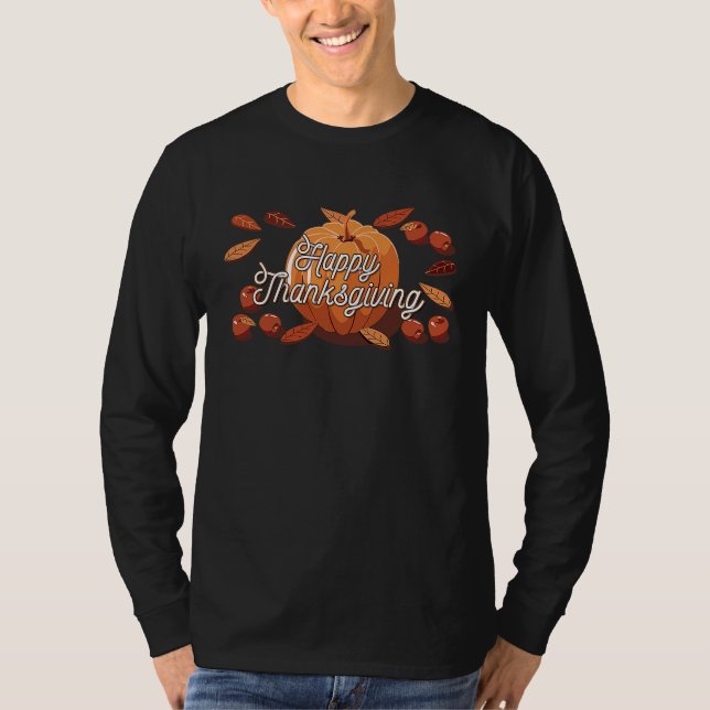 Happy Thanksgiving Pumpkin With Autumn Leaves T Shirt (Framsida)
