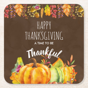 Happy thanksgiving Pumpkins and Autumn Foliage Underlägg Papper Kvadrat