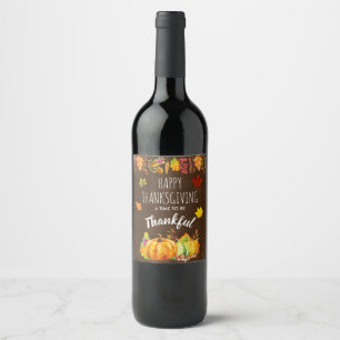 Happy thanksgiving Pumpkins and Autumn Foliage Vinflaska Etikett