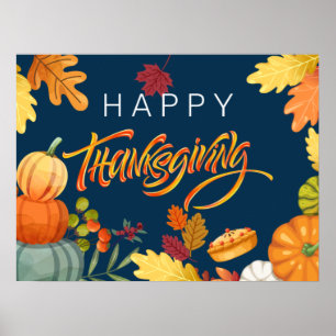 Happy thanksgiving Pumpkins, Berries och Löv Poster