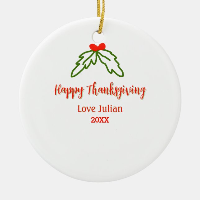 Happy thanksgiving röd grönt löv körsbär namn ye julgransprydnad keramik (Framsidan)