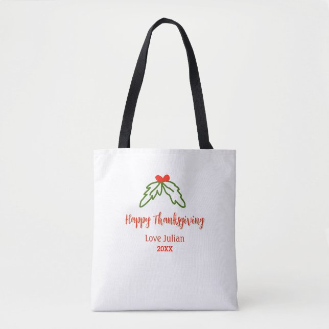 Happy thanksgiving röd grönt löv körsbär namn ye tygkasse (Framsida)